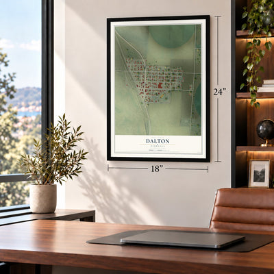 Dalton, Nebraska map, 18 x 24 inch print in a black frame in a home office