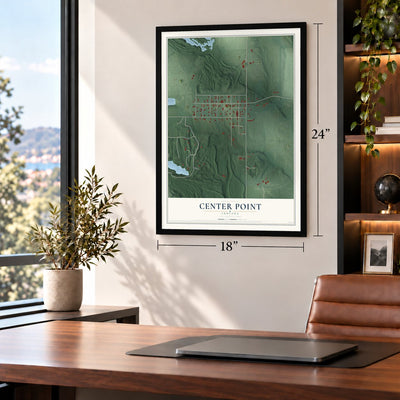 Center Point, Indiana map, 18 x 24 inch print in a black frame in a home office