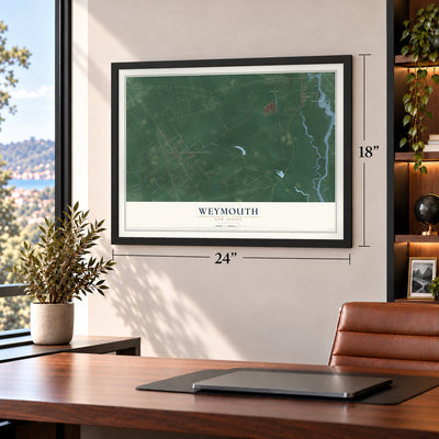Weymouth, New Jersey map, 18 x 24 inch print in a black frame in a home office