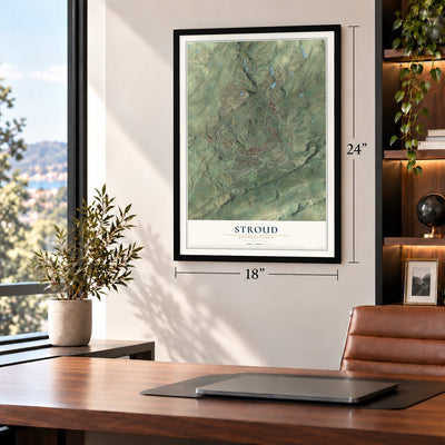 Stroud, Pennsylvania map, 18 x 24 inch print in a black frame in a home office