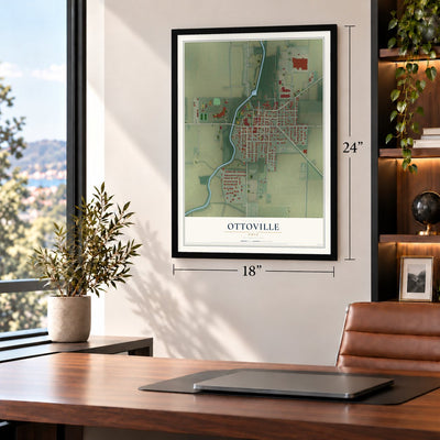 Ottoville, Ohio map, 18 x 24 inch print in a black frame in a home office