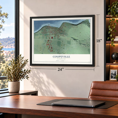 Coupeville, Washington map, 18 x 24 inch print in a black frame in a home office