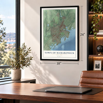 Town of Mamaroneck, New York map, 18 x 24 inch print in a black frame in a home office