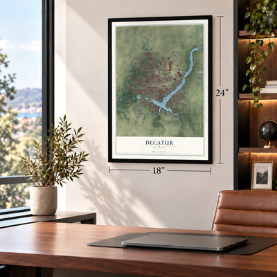 Decatur, Illinois map, 18 x 24 inch print in a black frame in a home office
