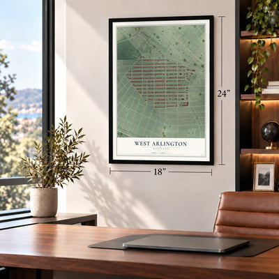 West Arlington, Maryland map, 18 x 24 inch print in a black frame in a home office