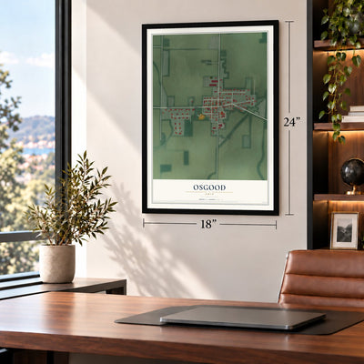 Osgood, Ohio map, 18 x 24 inch print in a black frame in a home office