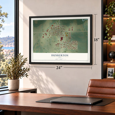 Dunkerton, Iowa map, 18 x 24 inch print in a black frame in a home office