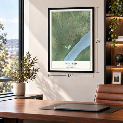Olmsted, Illinois map, 18 x 24 inch print in a black frame in a home office