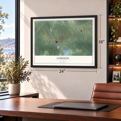 Gordon, Georgia map, 18 x 24 inch print in a black frame in a home office