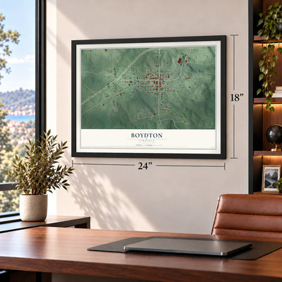 Boydton, Virginia map, 18 x 24 inch print in a black frame in a home office