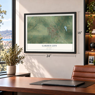 Garden City, Missouri map, 18 x 24 inch print in a black frame in a home office