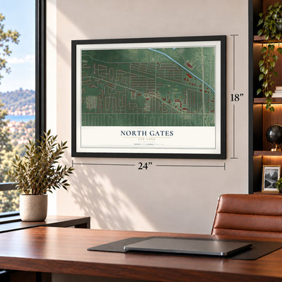 North Gates, New York map, 18 x 24 inch print in a black frame in a home office