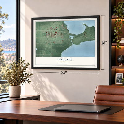 Cass Lake, Minnesota map, 18 x 24 inch print in a black frame in a home office