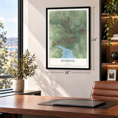 Benbrook, Texas map, 18 x 24 inch print in a black frame in a home office