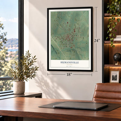 Humansville, Missouri map, 18 x 24 inch print in a black frame in a home office