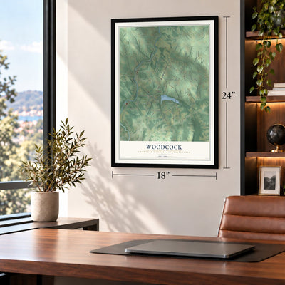 Woodcock, Crawford County, Pennsylvania map, 18 x 24 inch print in a black frame in a home office