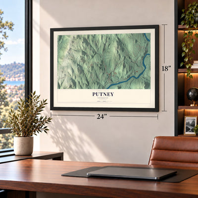 Putney, Vermont map, 18 x 24 inch print in a black frame in a home office