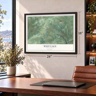 West Caln, Pennsylvania map, 18 x 24 inch print in a black frame in a home office