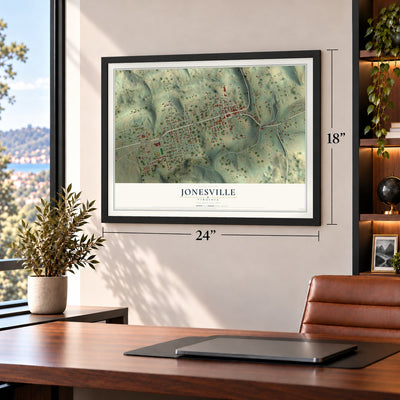 Jonesville, Virginia map, 18 x 24 inch print in a black frame in a home office