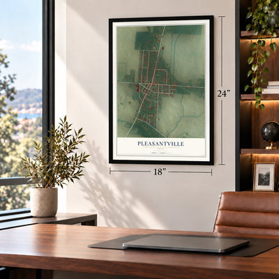 Pleasantville, Ohio map, 18 x 24 inch print in a black frame in a home office