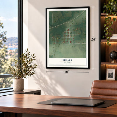 Stuart, Oklahoma map, 18 x 24 inch print in a black frame in a home office