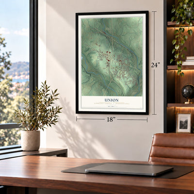 Union, Lawrence County, Pennsylvania map, 18 x 24 inch print in a black frame in a home office