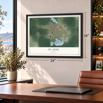 St. Anne, Illinois map, 18 x 24 inch print in a black frame in a home office