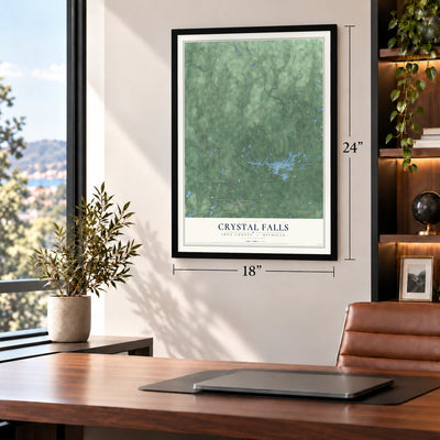 Crystal Falls, Iron County, Michigan map, 18 x 24 inch print in a black frame in a home office