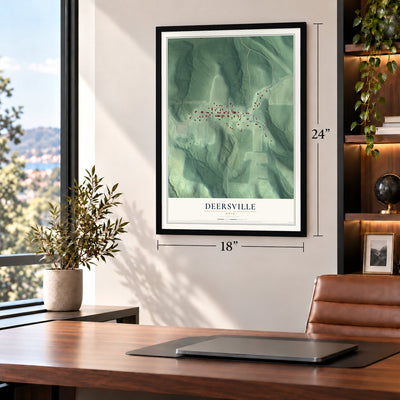 Deersville, Ohio map, 18 x 24 inch print in a black frame in a home office