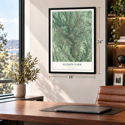 Allison Park, Pennsylvania map, 18 x 24 inch print in a black frame in a home office