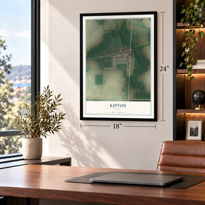 Kipton, Ohio map, 18 x 24 inch print in a black frame in a home office