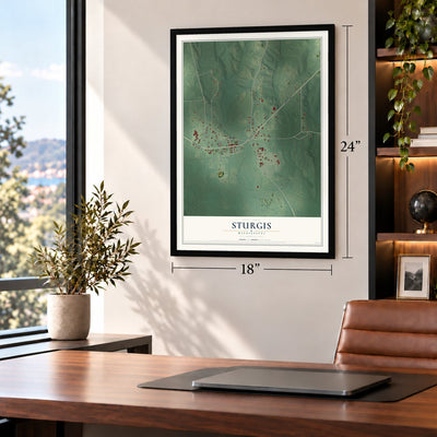 Sturgis, Mississippi map, 18 x 24 inch print in a black frame in a home office
