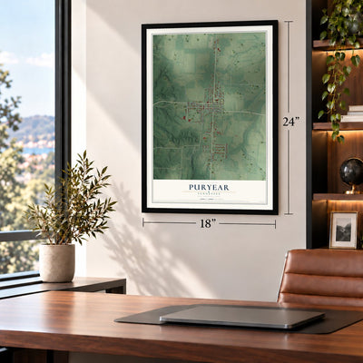 Puryear, Tennessee map, 18 x 24 inch print in a black frame in a home office