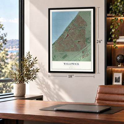 Willowick, Ohio map, 18 x 24 inch print in a black frame in a home office
