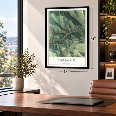 Central City, South Dakota map, 18 x 24 inch print in a black frame in a home office