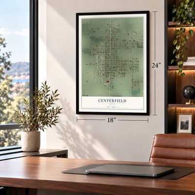 Centerfield, Utah map, 18 x 24 inch print in a black frame in a home office