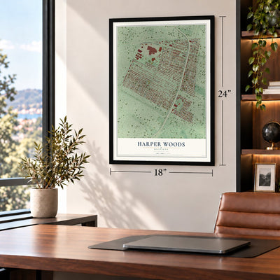 Harper Woods, Michigan map, 18 x 24 inch print in a black frame in a home office