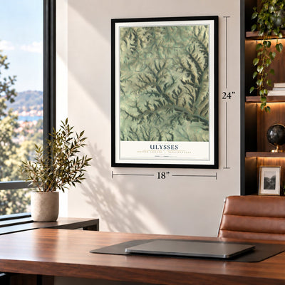 Ulysses, Potter County, Pennsylvania map, 18 x 24 inch print in a black frame in a home office