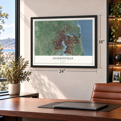 Jacksonville, Florida map, 18 x 24 inch print in a black frame in a home office