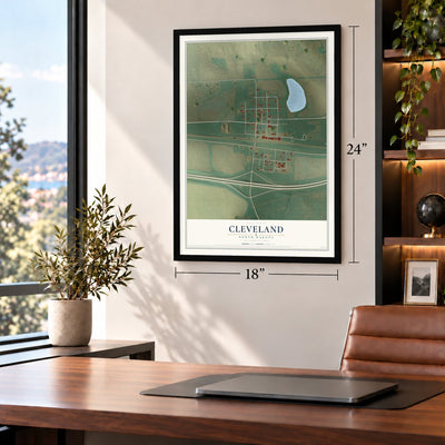 Cleveland, North Dakota map, 18 x 24 inch print in a black frame in a home office