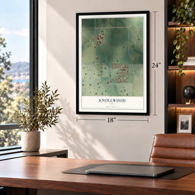 Knollwood, Texas map, 18 x 24 inch print in a black frame in a home office