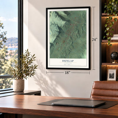 Dunlap, Tennessee map, 18 x 24 inch print in a black frame in a home office
