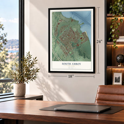 South Amboy, New Jersey map, 18 x 24 inch print in a black frame in a home office