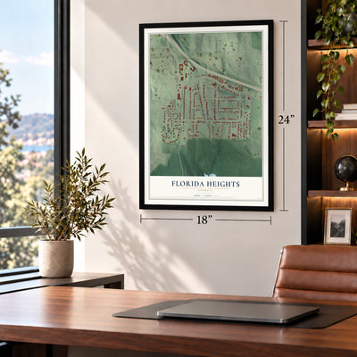 Florida Heights, Georgia map, 18 x 24 inch print in a black frame in a home office