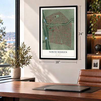 North Merrick, New York map, 18 x 24 inch print in a black frame in a home office