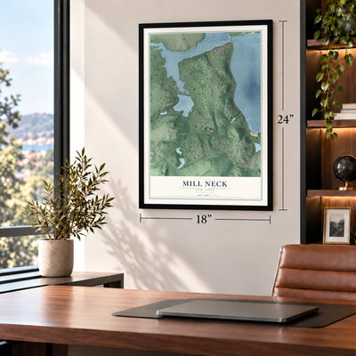Mill Neck, New York map, 18 x 24 inch print in a black frame in a home office
