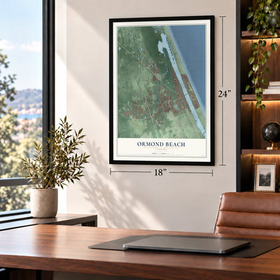 Ormond Beach, Florida map, 18 x 24 inch print in a black frame in a home office