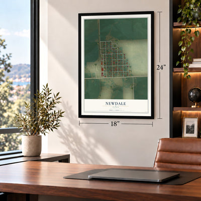Newdale, Idaho map, 18 x 24 inch print in a black frame in a home office