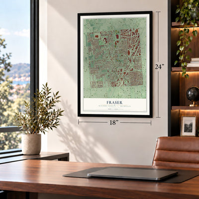 Fraser, Macomb County, Michigan map, 18 x 24 inch print in a black frame in a home office