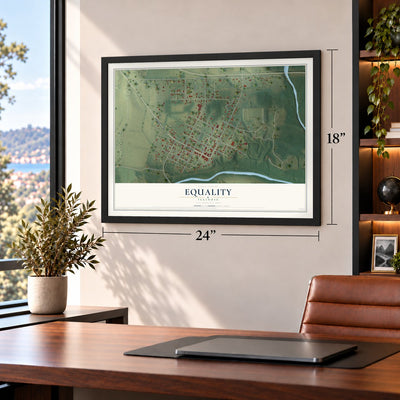 Equality, Illinois map, 18 x 24 inch print in a black frame in a home office